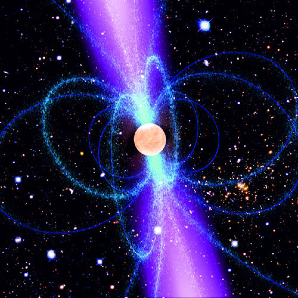 Pulsaren J1311-3430 er som andre pulsarer en nøytronstjerne, de supertette restene etter en supernova, som spinner og sender ut radiobølger. (Foto: (Illustrasjon: NASA (pulsar), NASA/ESA, M. Jee og H. Ford (Johns Hopkins University) (Hubble Field), AEI/Milde Marketing Science Communication))