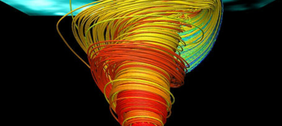 Visualisering av de avanserte simuleringene av virvlene på sola. (Illustrasjon: Wedemeyer-Böhm et al. (2012)/VAPOR)