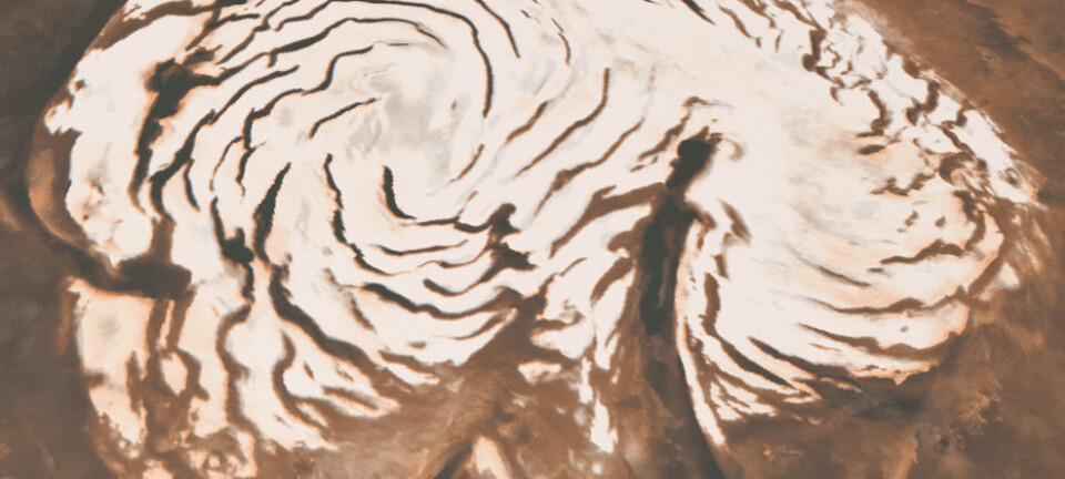 Nordpolkalotten på Mars, som er rik på vann-is. Den er ca. 1000 kilometer i diameter. Kløften Chasma Boreale skjærer inn i den på høyre side. Mørke, spiralformede bånd er mindre kløfter. (Foto: NASA/Caltech/JPL/E. DeJong/J. Craig/M. Stetson)