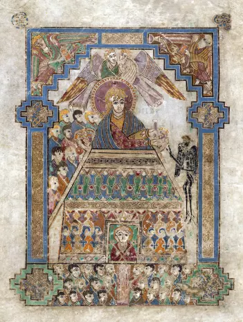 «Guds hus» med dyrehodeformede møner. Avbildningen speiler også de husformede relikvieskrinene. Folio MS58_202v fra Kells-boken, datert til 800-tallet.