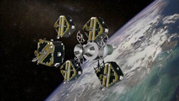 "Illustrasjonen viser Themis i det de fem satellittene ble sendt ut for å fortsette ferden alene. (Foto: NASA)." "Illustrasjonen viser Themis i det de fem satellittene ble sendt ut for å fortsette ferden alene. (Foto: NASA)."