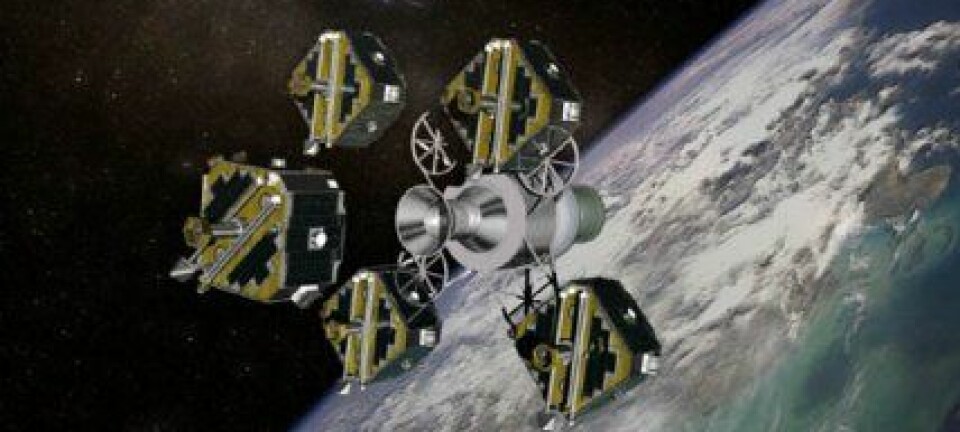 'Illustrasjonen viser Themis i det de fem satellittene ble sendt ut for å fortsette ferden alene. (Foto: NASA).'