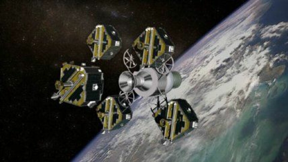 'Illustrasjonen viser Themis i det de fem satellittene ble sendt ut for å fortsette ferden alene. (Foto: NASA).'