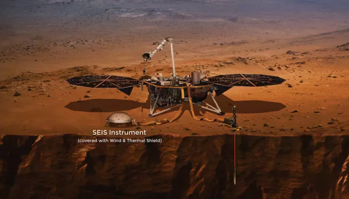 Dette er en kunstnerisk framstilling av Insight på Mars' overflate. Hele sonden er rundt seks meter fra kant til kant. SEIS-instrumentet vises til venstre,