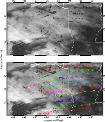Satelittbilde over Texas, USA, som viser hull i skydekket forårsaket av fly. (Foto: Science/AAAS) Satelittbilde over Texas, USA, som viser hull i skydekket forårsaket av fly. (Foto: Science/AAAS)