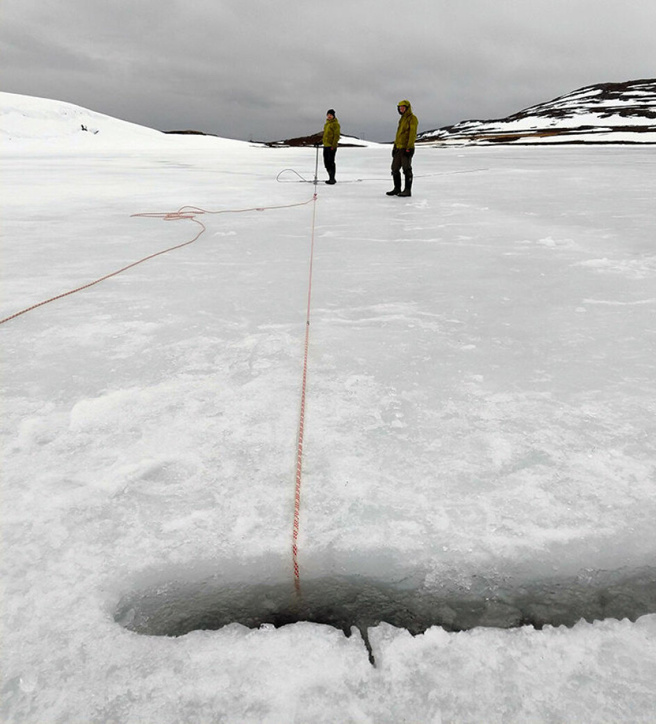 Arbeidet på innsjøene kan også skje på vinteren, slik som her ved Snefjord i Finnmark. I år starter feltarbeidet i ukene før påske.