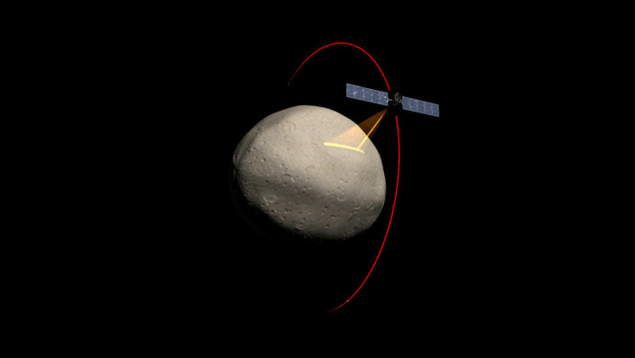 En illustrasjon av romsonden Dawn som samler inn data fra asteroiden Vesta. (Foto: (Illustrasjon: NASA/JPL-Caltech/UCLA/McREL))