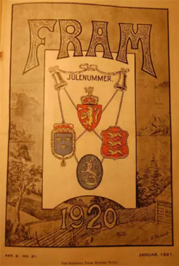 Fram-forsiden fra 1920 viser de norske, svenske, danske og finske riksvåpnene i skjønn forening. (Foto: Kilde: Norsk Utvandrermuseum.)