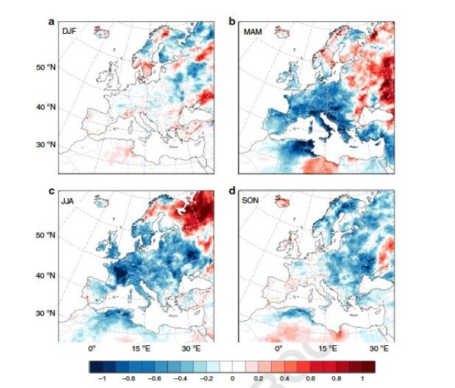 Seasonality of the temperature changes from recent land cover changes in Europe. Average temperature changes (°C) in winter (a), spring (b), summer (c) and autumn (d). December, January and February (DJF); March, April May (MAM); June, July and August (JJA); September, October and November (SON). Seasonality of the temperature changes from recent land cover changes in Europe. Average temperature changes (°C) in winter (a), spring (b), summer (c) and autumn (d). December, January and February (DJF); March, April May (MAM); June, July and August (JJA); September, October and November (SON).