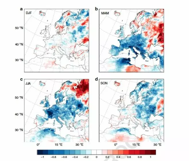 Seasonality of the temperature changes from recent land cover changes in Europe. Average temperature changes (°C) in winter (a), spring (b), summer (c) and autumn (d). December, January and February (DJF); March, April May (MAM); June, July and August (JJA); September, October and November (SON).