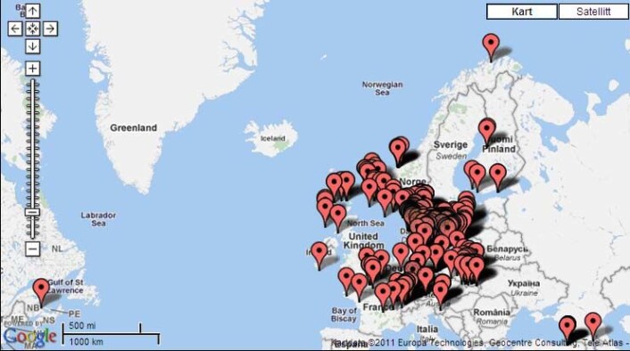 Det nordlige funnet er svært langt nord i forhold til tidligere funn. Her vises utsnitt av geografisk distribusjon av VHS-virus som er påvist. (Foto: (Google Map)) Det nordlige funnet er svært langt nord i forhold til tidligere funn. Her vises utsnitt av geografisk distribusjon av VHS-virus som er påvist. (Foto: (Google Map))