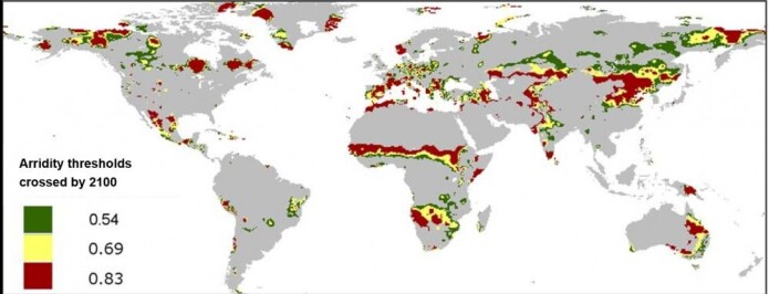 Kartet viser en fremskriving av hvilke landområder som kan komme til å krysse terskel 1 (grønn), 2 (gul) eller 3 (rød). Kartet er basert på urealistisk høyt utslipp av CO2 frem til 2100, og til og med Sør-Vest Norge har kommet med. Kartet viser en fremskriving av hvilke landområder som kan komme til å krysse terskel 1 (grønn), 2 (gul) eller 3 (rød). Kartet er basert på urealistisk høyt utslipp av CO2 frem til 2100, og til og med Sør-Vest Norge har kommet med.