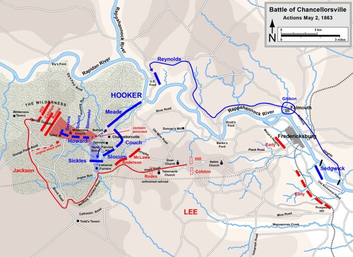 Kart over kampene den 2. mai 1863. Legg merke til Jacksons flankemarsj til høyre i bildet. (Foto: (Illustrasjon: Hal Jespersen / www.cwmaps.com)) Kart over kampene den 2. mai 1863. Legg merke til Jacksons flankemarsj til høyre i bildet. (Foto: (Illustrasjon: Hal Jespersen / www.cwmaps.com))