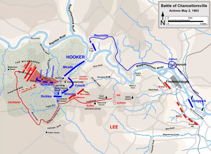 Kart over kampene den 2. mai 1863. Legg merke til Jacksons flankemarsj til høyre i bildet. (Foto: (Illustrasjon: Hal Jespersen / www.cwmaps.com))