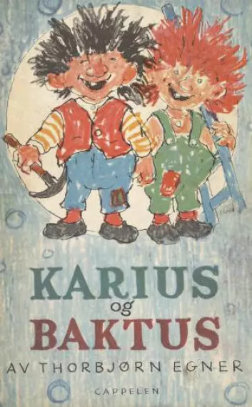I boka fra 1958 er Karius mer ulik sin Baktusbror, som en følge av at han fikk svart hår og andre klær i dokkefilmen laget av Ivo Caprino. (Foto: (Illustrasjon: Thorbjørn Egner))
