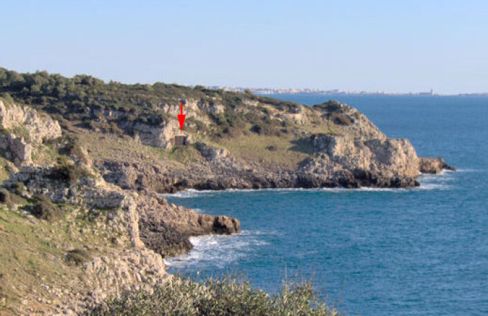 Grotta del Cavallo ligger ved en bukt på kysten av Puglia i Sør-Italia. Åpningen er merket med en rød pil. Hulen ligger i naturreservatet Regional National Park of Portoselvaggio. Bukta heter Uluzzo, samme navn har arkeologene brukt på funn av denne typen fra det sentral og sørlige Italia. (Foto: Annamaria Ronchitelli) Grotta del Cavallo ligger ved en bukt på kysten av Puglia i Sør-Italia. Åpningen er merket med en rød pil. Hulen ligger i naturreservatet Regional National Park of Portoselvaggio. Bukta heter Uluzzo, samme navn har arkeologene brukt på funn av denne typen fra det sentral og sørlige Italia. (Foto: Annamaria Ronchitelli)