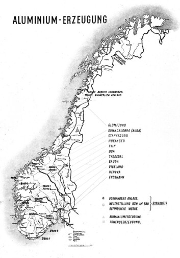 Aluminiumsfabrikker skulle opprettes over hele Norge, ifølge planene som ble lagt av tyskerne, NACO og Hydro. (Foto: (Ill: Fra fotoalbumet Ein Jahr: Reichskommissariat für die Besetzten Norwegischen Gebiete (1942), Norsk krigstrykksamling, Nasjonalbiblioteket)) Aluminiumsfabrikker skulle opprettes over hele Norge, ifølge planene som ble lagt av tyskerne, NACO og Hydro. (Foto: (Ill: Fra fotoalbumet Ein Jahr: Reichskommissariat für die Besetzten Norwegischen Gebiete (1942), Norsk krigstrykksamling, Nasjonalbiblioteket))