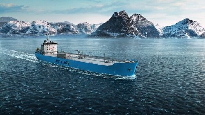 LNG-skip frakter flytendene naturgass ved svært lav temperatur for å komprimere gassvolumet. Bildet viser småskala LNG-skip fra LNG New Technologies som seiler i Lofoten. (Foto: (Illustrasjon: LNG New Technologies / Michael Grebstad)) LNG-skip frakter flytendene naturgass ved svært lav temperatur for å komprimere gassvolumet. Bildet viser småskala LNG-skip fra LNG New Technologies som seiler i Lofoten. (Foto: (Illustrasjon: LNG New Technologies / Michael Grebstad))