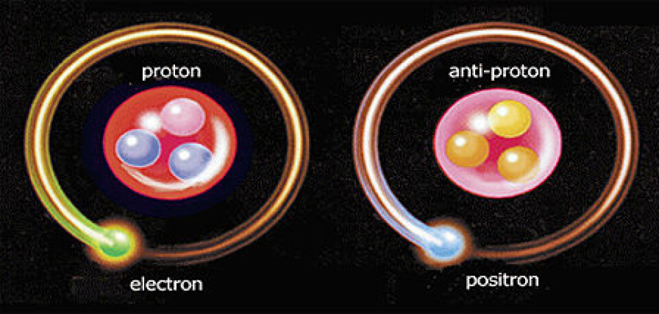 Antimaterie er identisk med vanlig materie bortsett fra at antimaterien har omvendt ladede atomer. Når de to møtes oppheves de i et energiblaff. (Illustrasjon: AEgiS)