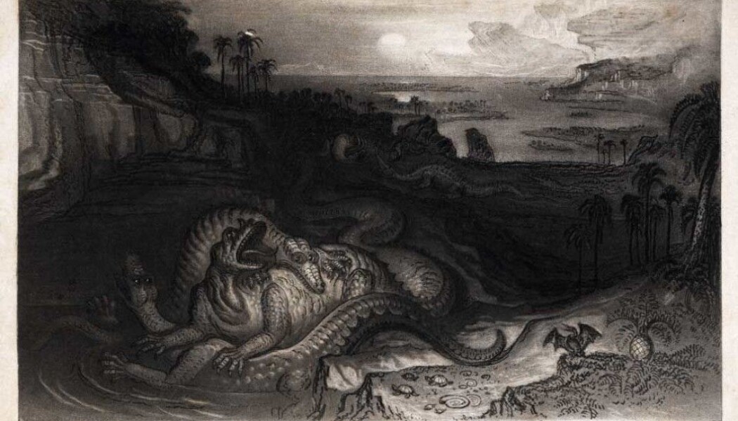Her ser vi Iguanodon og Megalosaurus i kamp. Bildet er tegnet kort tid etter de første dinosaurene var oppdaget. Her har kunstneren tegnet dem som kravlende, øgle-monstre i vannet. Her ser vi Iguanodon og Megalosaurus i kamp. Bildet er tegnet kort tid etter de første dinosaurene var oppdaget. Her har kunstneren tegnet dem som kravlende, øgle-monstre i vannet.