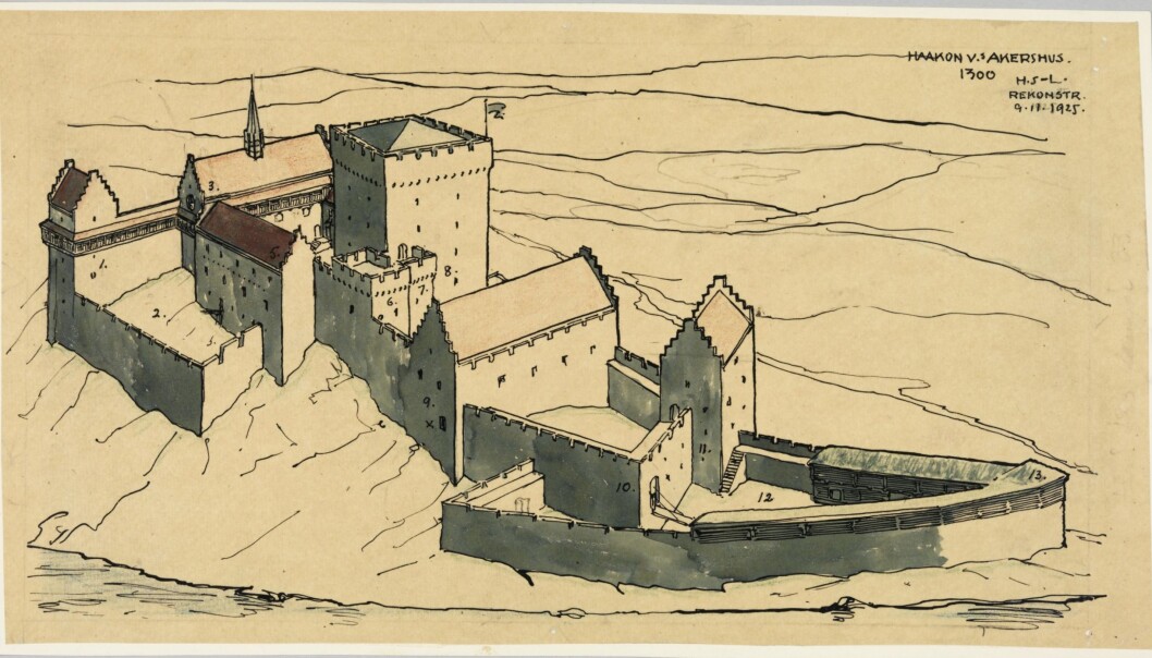 Holger Sinding-Larsens rekonstruksjon av Akershus festning på 1300-tallet. Holger Sinding-Larsens rekonstruksjon av Akershus festning på 1300-tallet.
