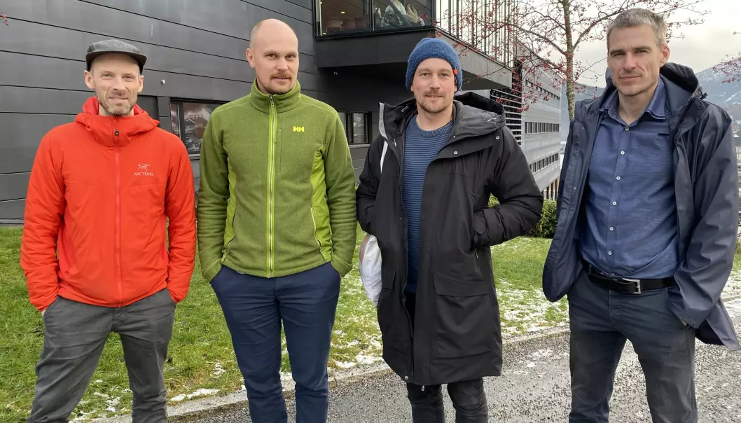 Architects and researchers have collaborated in the project "Framtidas Hyttegrend". From the left: Tarjei Kannelønning (Stiv Kuling), Torkjel Solbraa (WNRI), Eyvind Øgar (Stiv Kuling), and Hans Jakob Walnum (WNRI).