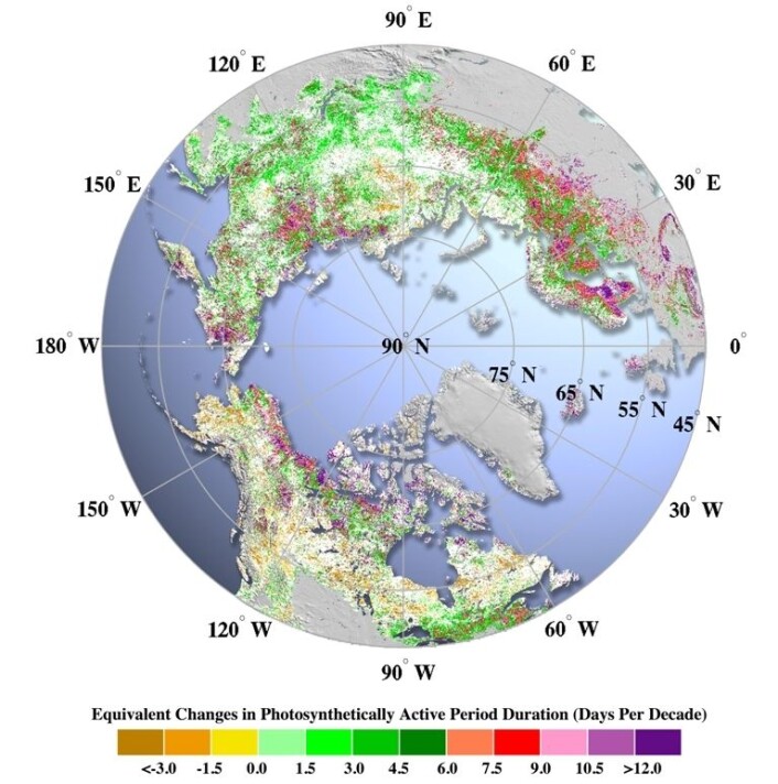 Endring i vekstsesong - dager per tiår. (Foto: (Illustrasjon: Norsk institutt for naturforskning)) Endring i vekstsesong - dager per tiår. (Foto: (Illustrasjon: Norsk institutt for naturforskning))