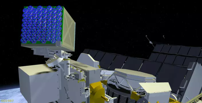 NICER_/SEXTANT-eksperimentet skal fly på utsiden av den internasjonale romstasjonen. Det skal studere pulsarer i røntgenområdet, og samtidig prøves ut som navigasjon med pulsarer etter omtrent samme prinsipp som GPS. (Foto: (Illustrasjon: NASA))