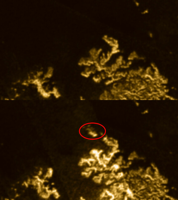 De to bildene viser det samme området av Ligeia Mare, en stor innsjø ved Titans nordpol. Du ser den mystiske øya inni den røde sirkelen på det nederste bildet. Det ble tatt av romsonden Cassini, 10 juli 2013. (Foto: NASA/JPL-Caltech/ASI/Cornell)