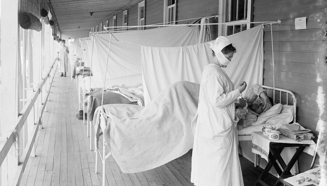 Spanskesyken oppsto ikke i Spania, men i USA. Her ser vi influensapasienter som pleies på Walter Reed-sykehuset i Washington, D.C. Spanskesyken oppsto ikke i Spania, men i USA. Her ser vi influensapasienter som pleies på Walter Reed-sykehuset i Washington, D.C.