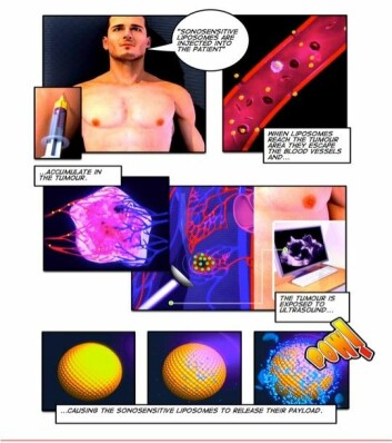 Illustrasjonen viser hvordan den nye metoden virker direkte på kreftsvulsten uten å angripe friske celler. (Illustrasjon: Epitarget AS)