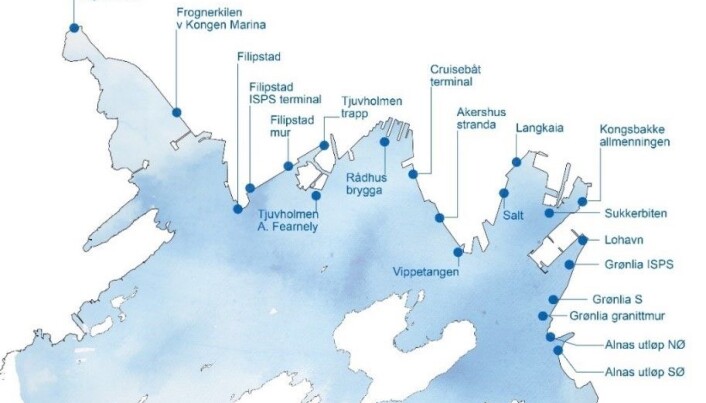 Kartet viser de 21 stedene som ble undersøkt med undervannsroboten Dory 4. oktober 2019. Kartet viser de 21 stedene som ble undersøkt med undervannsroboten Dory 4. oktober 2019.