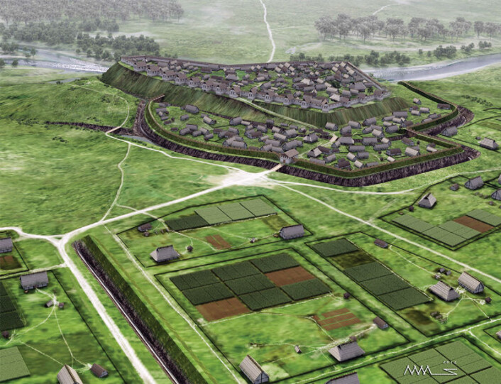 Heuneburg i det sørlige Tyskland kan ha vært Nord-Europas første by. Rekonstruksjon av hvordan byen kan ha sett ut for 2500 år siden. (Foto: (Illustrasjon: Landesamt für Denkmalpflege)) Heuneburg i det sørlige Tyskland kan ha vært Nord-Europas første by. Rekonstruksjon av hvordan byen kan ha sett ut for 2500 år siden. (Foto: (Illustrasjon: Landesamt für Denkmalpflege))