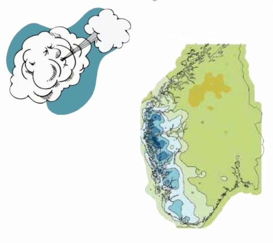 SØRVEST: Her kan nedbøren øke mest (blått) i framtiden om den dominerende vinden mot Norge kommer fra sørvest. (Foto: (Kart: Klima i Norge2100))