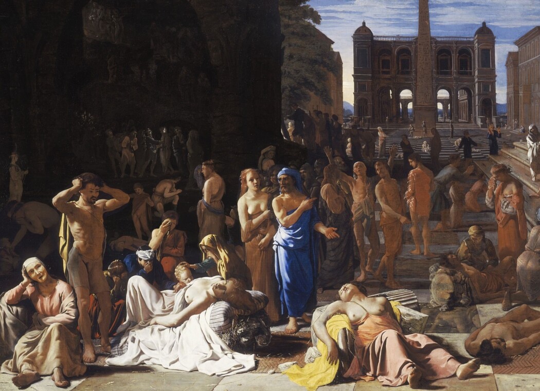 Antikke forfatteres beskrivelser av pestepidemier ble grunnlaget for en lang tradisjon som også Albert Camus føyde seg inn i. Her Pest i en gammel by av Michiel Sweerts fra 1653 Antikke forfatteres beskrivelser av pestepidemier ble grunnlaget for en lang tradisjon som også Albert Camus føyde seg inn i. Her Pest i en gammel by av Michiel Sweerts fra 1653