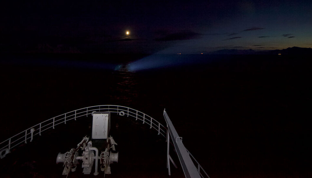 Even the light of the moon or the light from the ship is enough to affect the creatures living in polar waters. Note that the light balance in this photograph has been slightly altered to make the horizon more visible, but the photo was taken in the polar night. Even the light of the moon or the light from the ship is enough to affect the creatures living in polar waters. Note that the light balance in this photograph has been slightly altered to make the horizon more visible, but the photo was taken in the polar night.