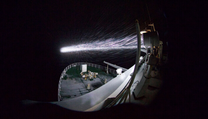 Just how dark is dark? The lights from the research ship illuminate blowing snow, but outside of that, the area looks dark — to human eyes, anyway, but not to creatures that are adapted to the polar night. Just how dark is dark? The lights from the research ship illuminate blowing snow, but outside of that, the area looks dark — to human eyes, anyway, but not to creatures that are adapted to the polar night.