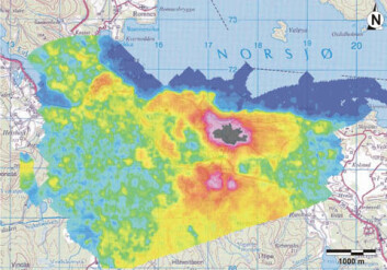 "Kartet viser den radioaktive strålingen av thorium i Fensfeltet. Rødt og rosa markerer høyest stråling, blått lavest." "Kartet viser den radioaktive strålingen av thorium i Fensfeltet. Rødt og rosa markerer høyest stråling, blått lavest."