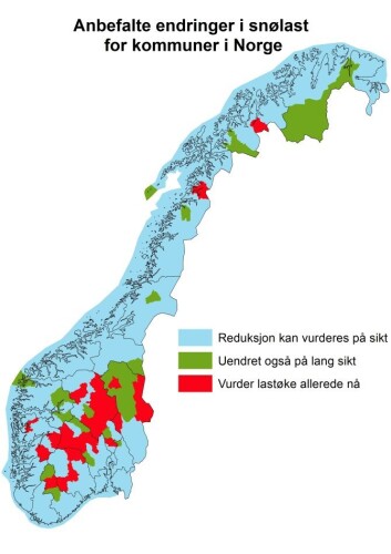 Kartet viser hvor tak på bygninger kan tåle mindre (blått) og bør tåle mer (rødt) snø i framtiden. Det samme kartet gir for øvrig en god indikasjon på hvor du kan regne med dårligere og bedre skiføre i framtida. Klikk på forstørrelsesglasset for å gjøre kartet større. (Foto: (Kart: Meteorologisk institutt)) Kartet viser hvor tak på bygninger kan tåle mindre (blått) og bør tåle mer (rødt) snø i framtiden. Det samme kartet gir for øvrig en god indikasjon på hvor du kan regne med dårligere og bedre skiføre i framtida. Klikk på forstørrelsesglasset for å gjøre kartet større. (Foto: (Kart: Meteorologisk institutt))