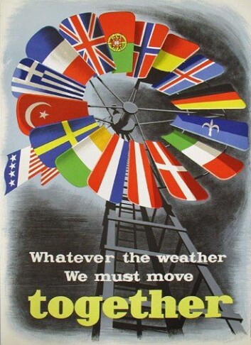 Plakat for å fremme et forent Europa etter andre verdenskrig. Plakaten er laget av Economic Cooperation Administration (ECA) som fremmet Marshall-planen i Europa. (Foto: Wikimedia Commons) Plakat for å fremme et forent Europa etter andre verdenskrig. Plakaten er laget av Economic Cooperation Administration (ECA) som fremmet Marshall-planen i Europa. (Foto: Wikimedia Commons)