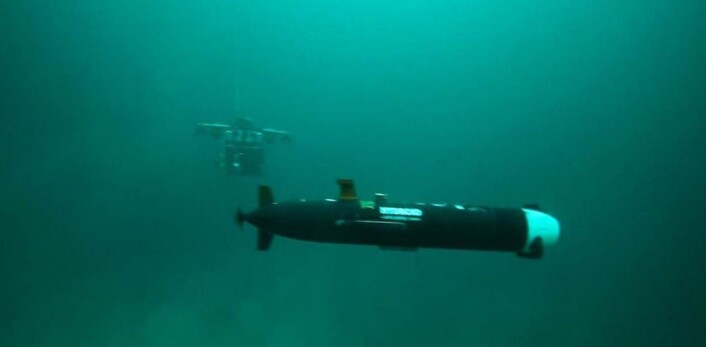 En AUV i forgrunnen, langtrekkende selvgående miniubåt som kan utforske store havbunnområder. AUV står for autonomous underwater vehicle. I bakgrunnen skimtes en ROV, remotely operated vehicle. Til sammen ser de to langt og dypt. (Foto: AUR-lab, NTNU) En AUV i forgrunnen, langtrekkende selvgående miniubåt som kan utforske store havbunnområder. AUV står for autonomous underwater vehicle. I bakgrunnen skimtes en ROV, remotely operated vehicle. Til sammen ser de to langt og dypt. (Foto: AUR-lab, NTNU)