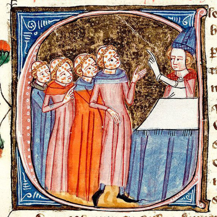 Munker med pest blir velsignet av en prest. Miniatyren er fra verket Omne Bonum, skrevet av James le Palmer mellom 1360 og 1375. (Foto: Wikimedia Commons) Munker med pest blir velsignet av en prest. Miniatyren er fra verket Omne Bonum, skrevet av James le Palmer mellom 1360 og 1375. (Foto: Wikimedia Commons)