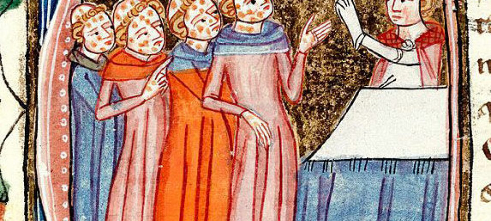 Munker med pest blir velsignet av en prest. Miniatyren er fra verket Omne Bonum, skrevet av James le Palmer mellom 1360 og 1375. Wikimedia Commons