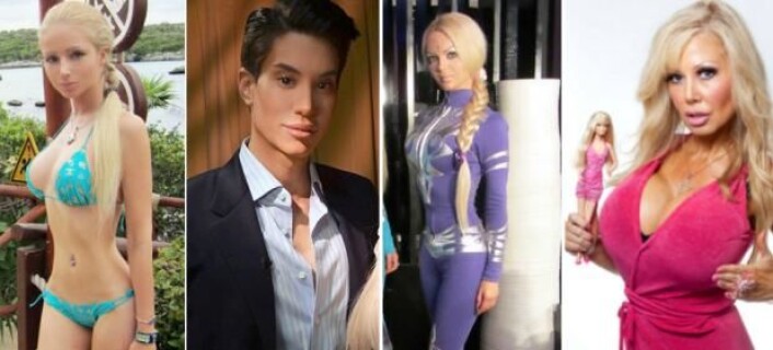 Fra venstre: Valeria Lukyanova, Justin Jedlica (som forsøker å ligne mest mulig på Barbies utkårede, Ken), Dominika Myslivcová (Valerias «åndelige» søster) og Blondie Bennett. (Foto: (Fotokollasj: Videnskab.dk)) Fra venstre: Valeria Lukyanova, Justin Jedlica (som forsøker å ligne mest mulig på Barbies utkårede, Ken), Dominika Myslivcová (Valerias «åndelige» søster) og Blondie Bennett. (Foto: (Fotokollasj: Videnskab.dk))