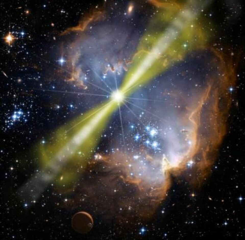 Når en kjempestjerne dør kan det oppstå et gammaglimt – et kraftig utbrudd av gammastråling. Fra jorden er det mulig å observere om lag ett gammaglimt om dagen. (Foto: (Illustrasjon: NASA))