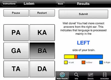 Slik ser lytteapplikasjonen iDichotic ut. Applikasjonen er utviklet av Bergen fMRI-gruppe.