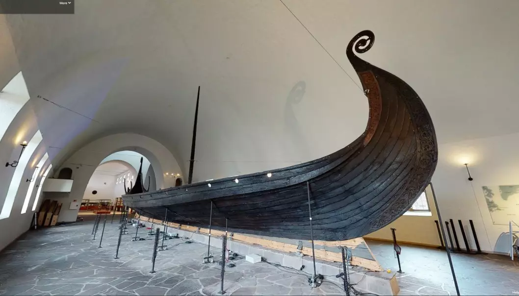 Oserbergskipet slik du kan se det i Vikingsskipshuset sin virtuelle utstilling.