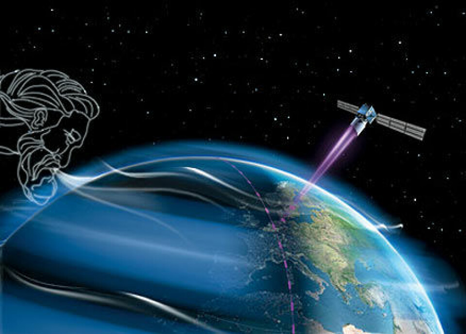 'ADM-Aeolus skytes opp i 2009 med en meget avansert laser for å måle vindhastighet og aerosoler i forskjellige høyder. (Ill: ESA)'
