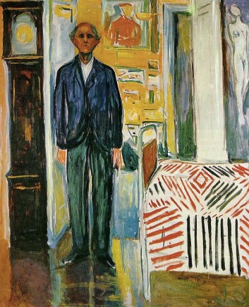 ”Selvportrett mellom klokken og sengen”, 1940-1943. Med en gammel manns holdning har Munch stilt seg opp mellom to dødssymboler. Dette er et av de siste bildene Munch malte. (Foto: Munchmuseet) ”Selvportrett mellom klokken og sengen”, 1940-1943. Med en gammel manns holdning har Munch stilt seg opp mellom to dødssymboler. Dette er et av de siste bildene Munch malte. (Foto: Munchmuseet)