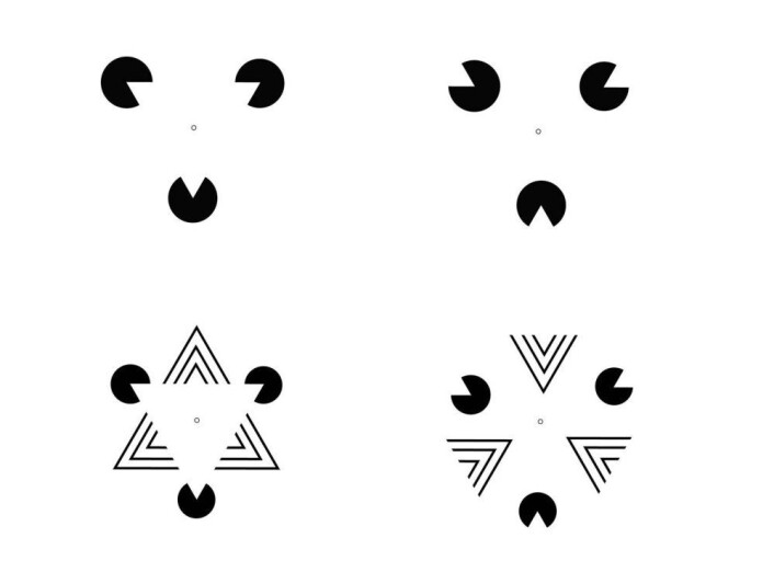 Laeng og Endestad brukte også disse illusjonene, hvor visse sammenstillinger av pacman-former gir en illusjon av konturer rundt en hvit trekant. Når pacman-formene snus, forsvinner illusjonen. Den hvite trekantillusjonen skapte også pupillsammentrekninger, men ikke like kraftige som «Morning sunlight». (Foto: (Figurer: Bruno Laeng og Tor Endestad)) Laeng og Endestad brukte også disse illusjonene, hvor visse sammenstillinger av pacman-former gir en illusjon av konturer rundt en hvit trekant. Når pacman-formene snus, forsvinner illusjonen. Den hvite trekantillusjonen skapte også pupillsammentrekninger, men ikke like kraftige som «Morning sunlight». (Foto: (Figurer: Bruno Laeng og Tor Endestad))